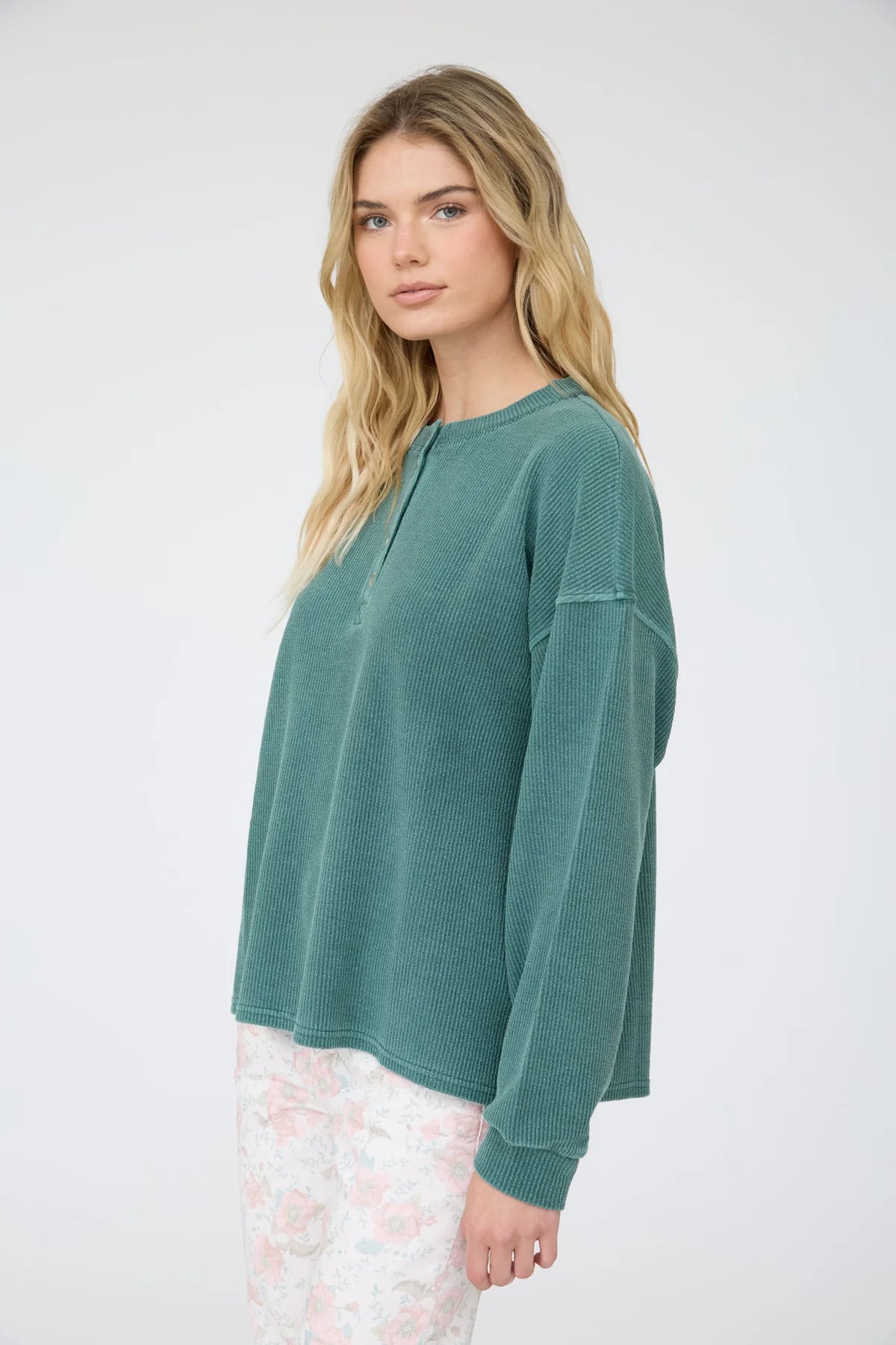 Henley Ribbed Boxy Long Sleeve Washed Knit Top