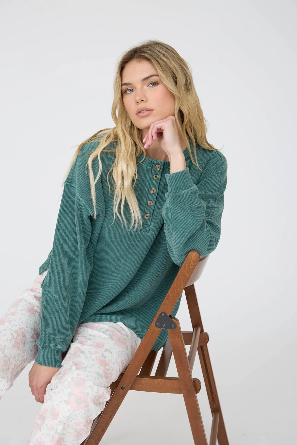 Henley Ribbed Boxy Long Sleeve Washed Knit Top