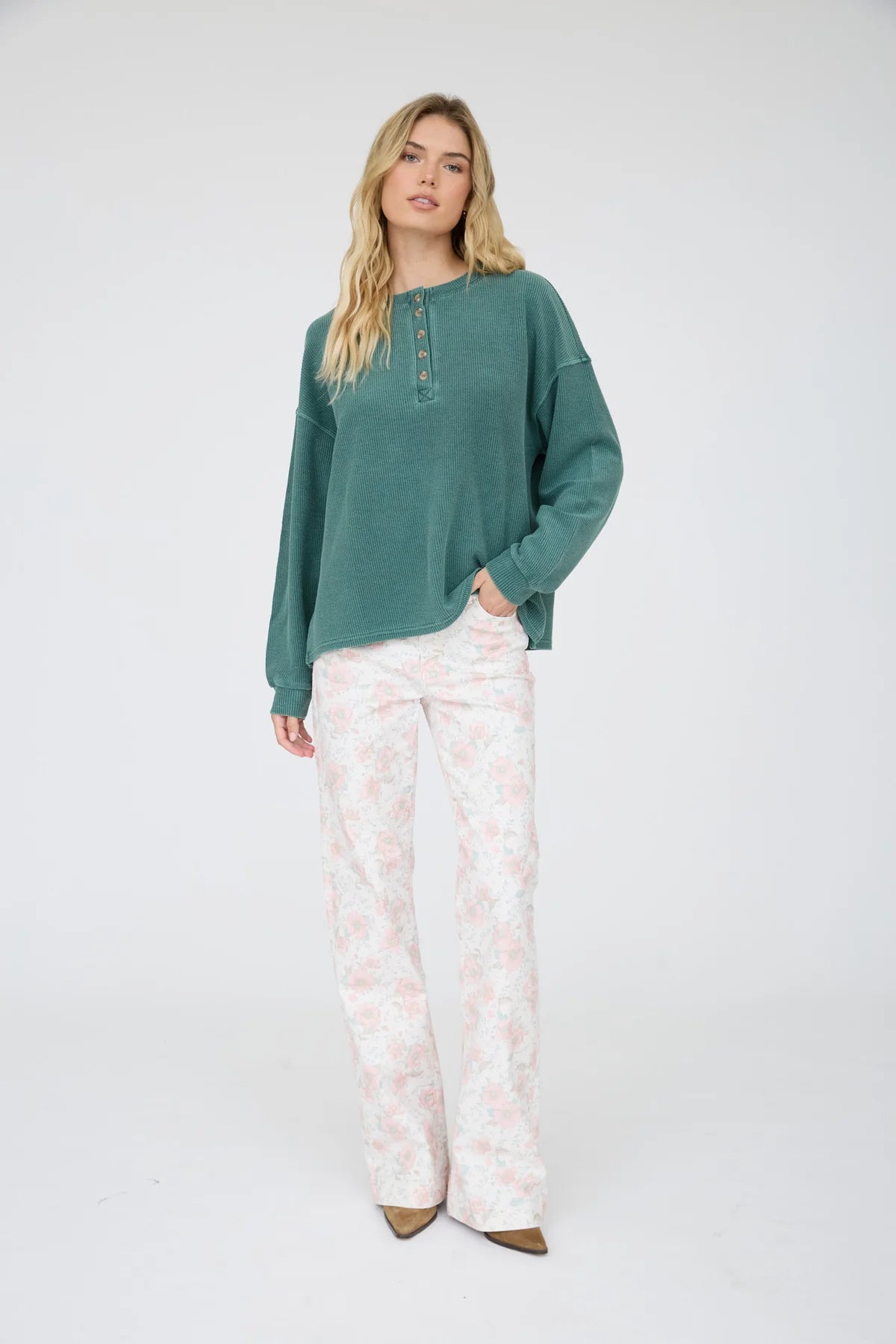 Henley Ribbed Boxy Long Sleeve Washed Knit Top