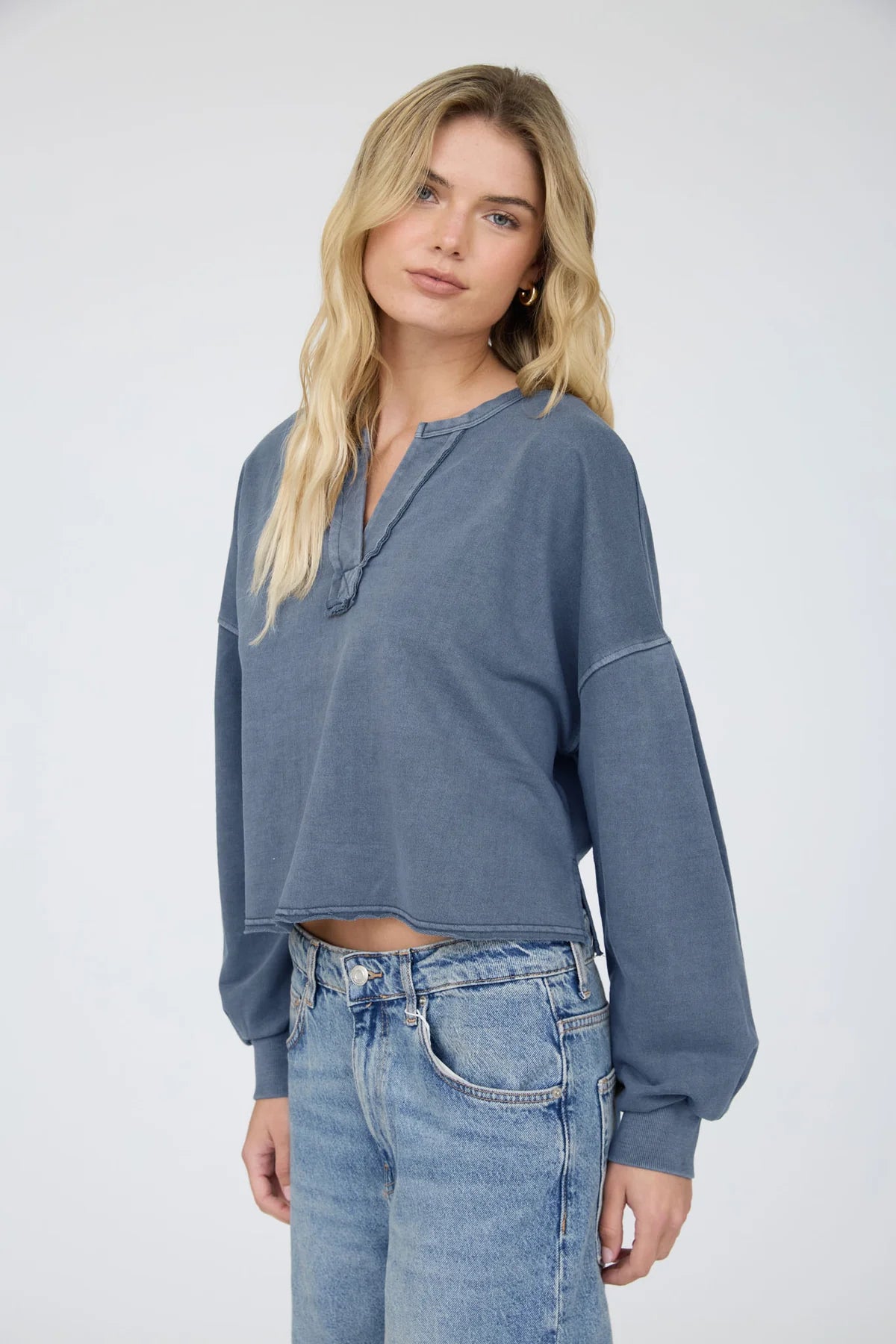 Notch Neck Boxy Long Sleeve Knit Crop Top