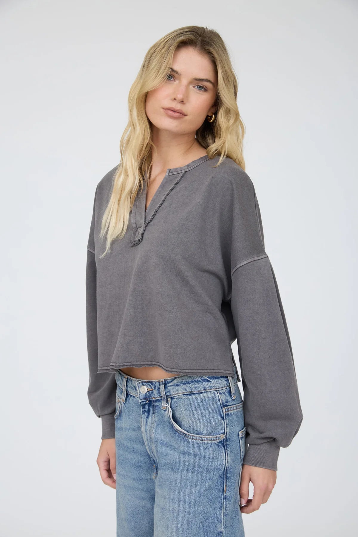 Notch Neck Boxy Long Sleeve Knit Crop Top