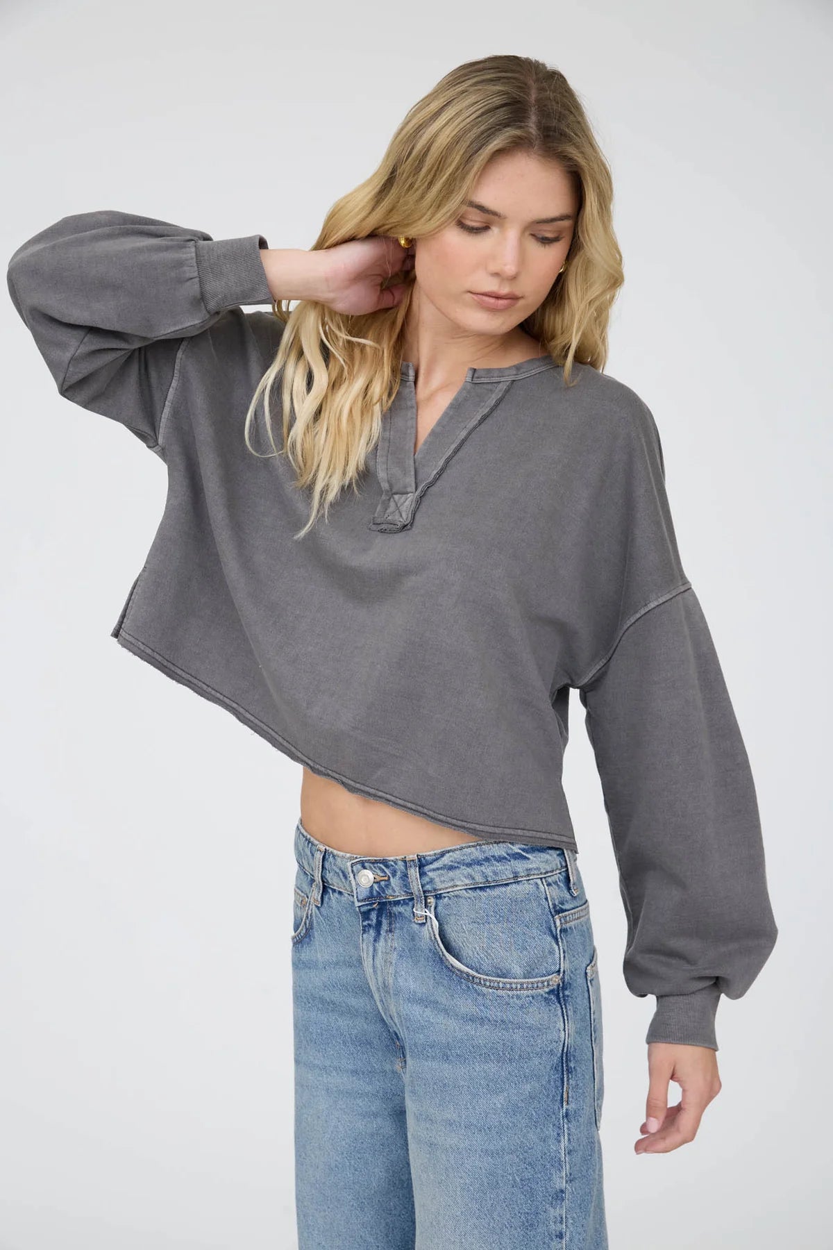 Notch Neck Boxy Long Sleeve Knit Crop Top
