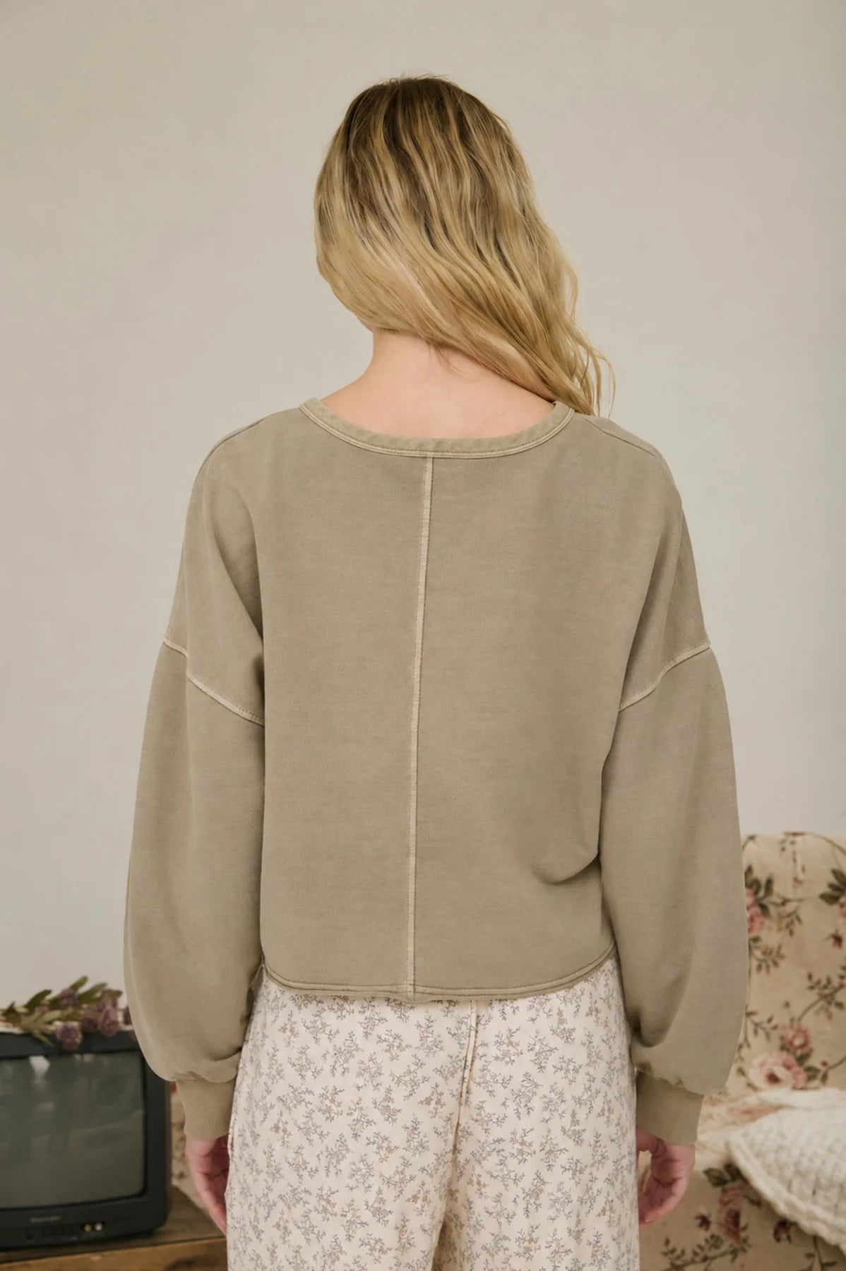 Notch Neck Boxy Long Sleeve Knit Crop Top