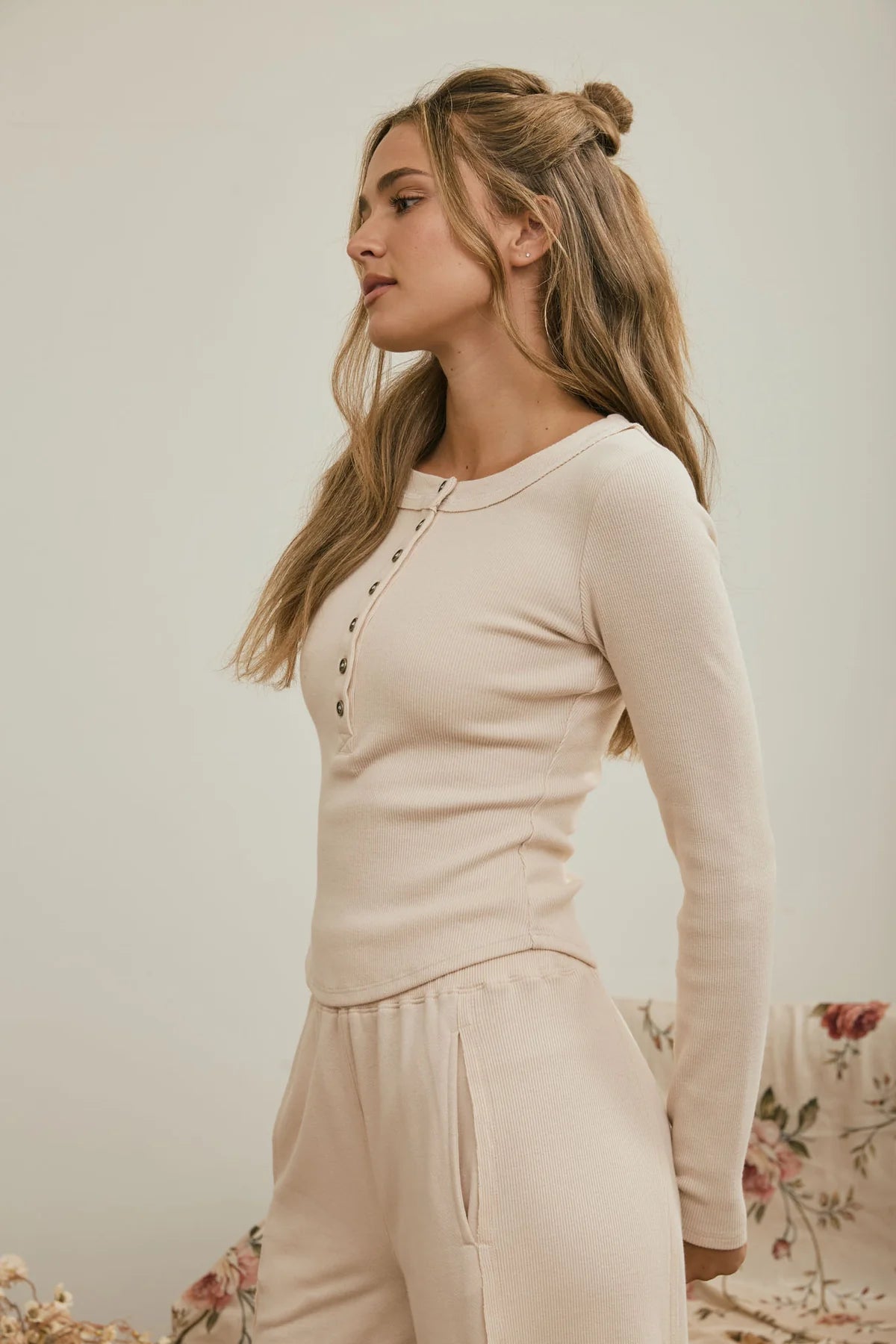 Fitted Long Sleeve Ribbed Henley Knit Top