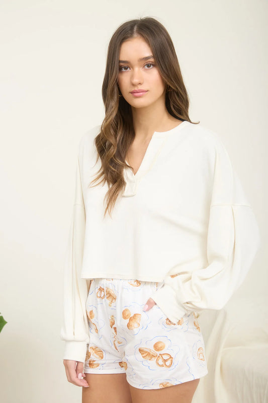 Split Neck Long Sleeve Cropped Knit Top