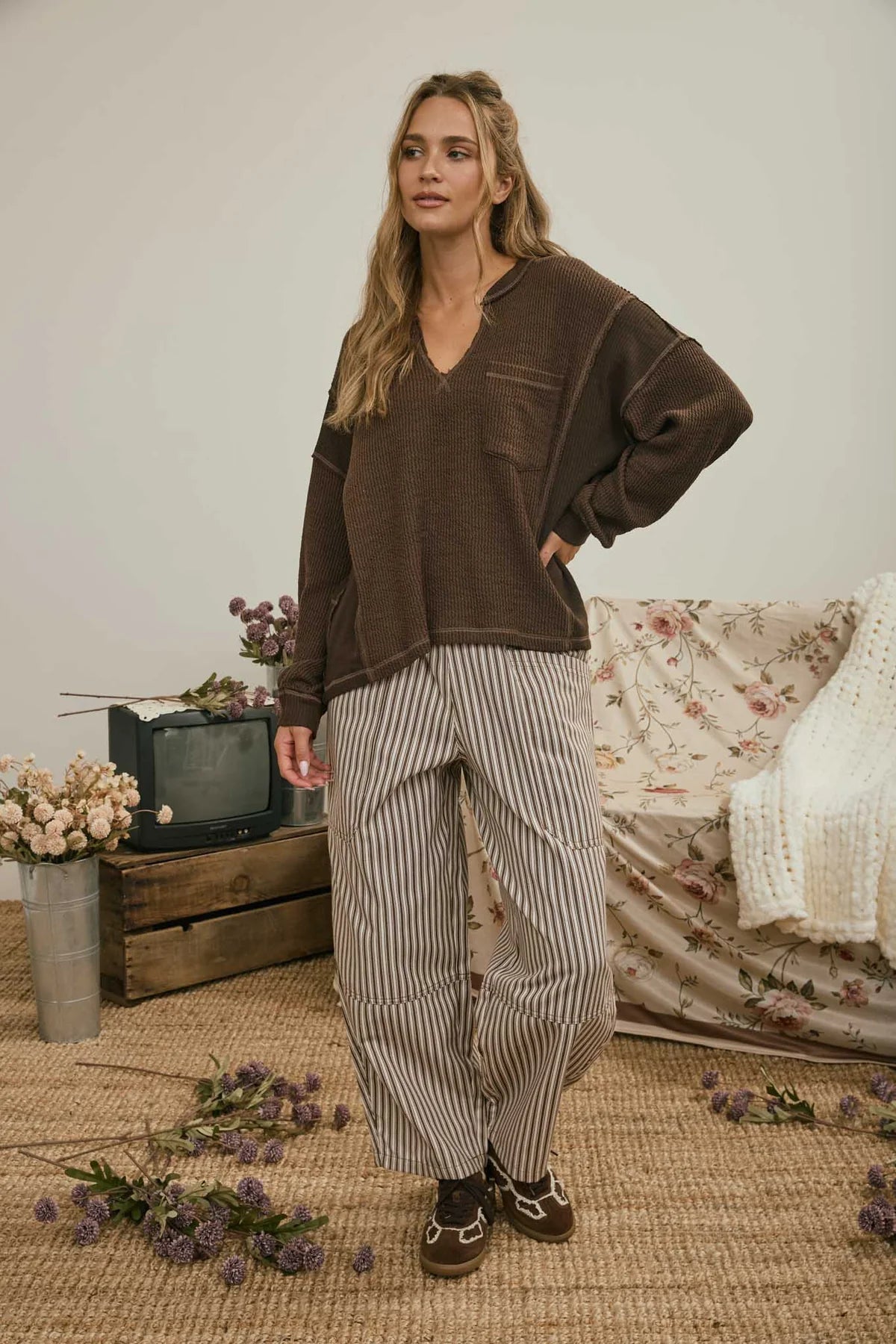 Split Neck Raw Edge Long Sleeve Ribbed Knit Top