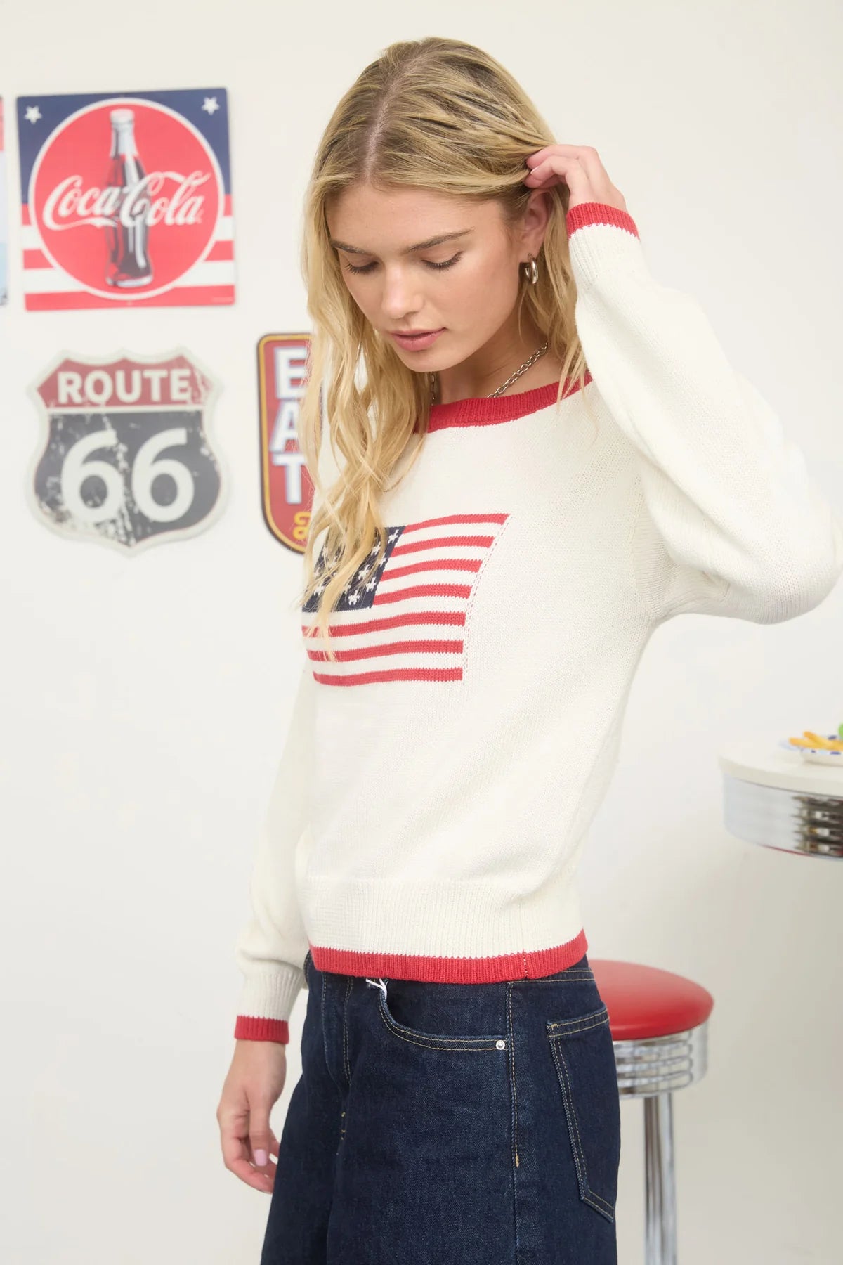 Contrast Trim American Flag Knit Pullover Sweater