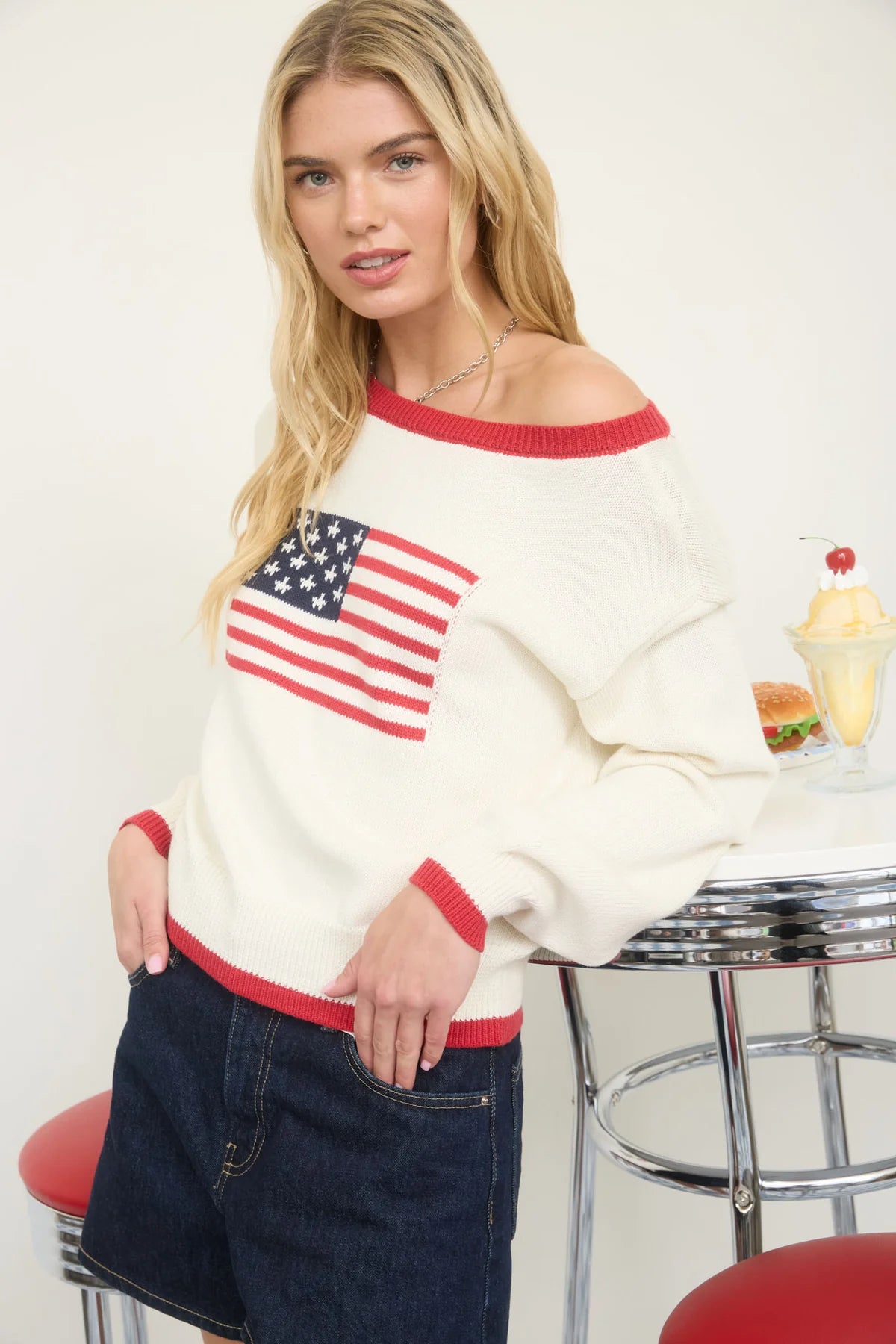Contrast Trim American Flag Knit Pullover Sweater