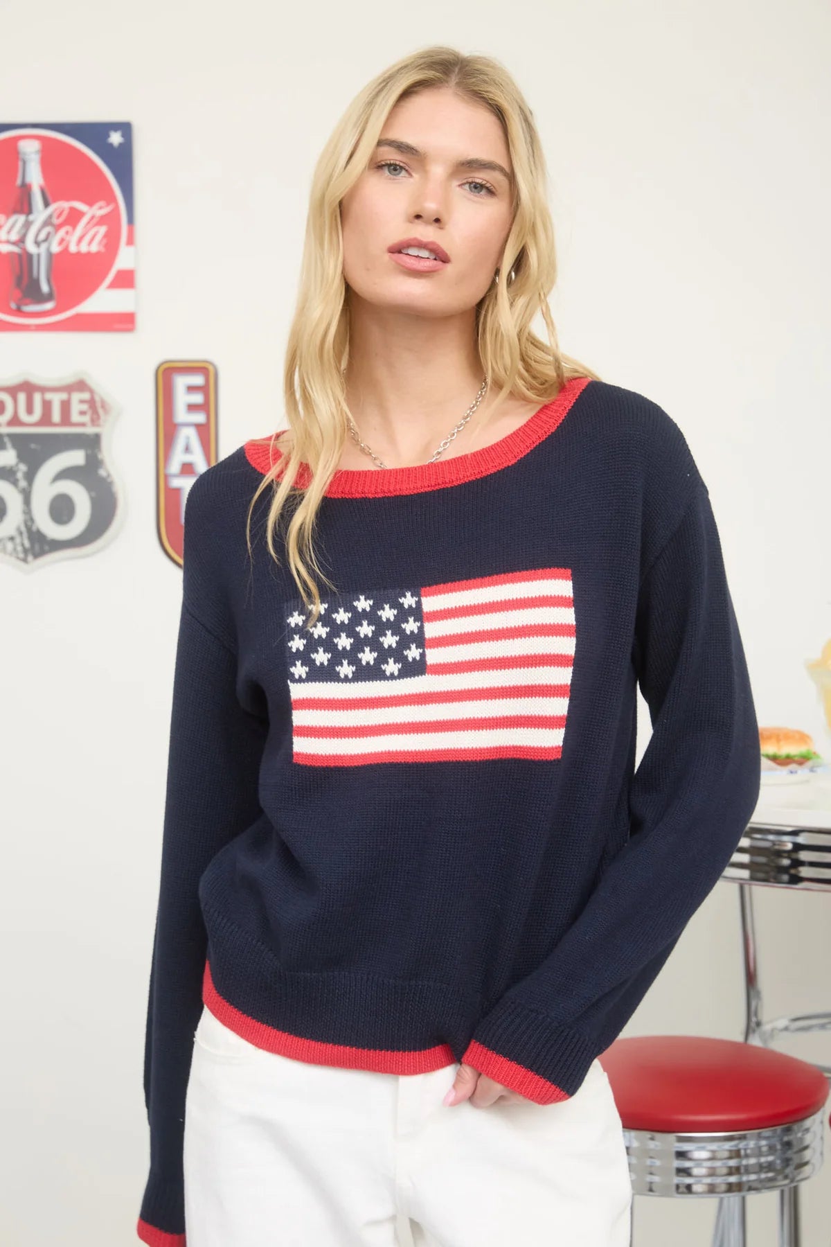 Contrast Trim American Flag Knit Pullover Sweater
