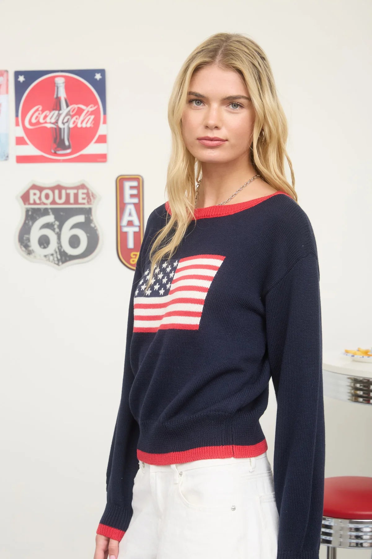 Contrast Trim American Flag Knit Pullover Sweater