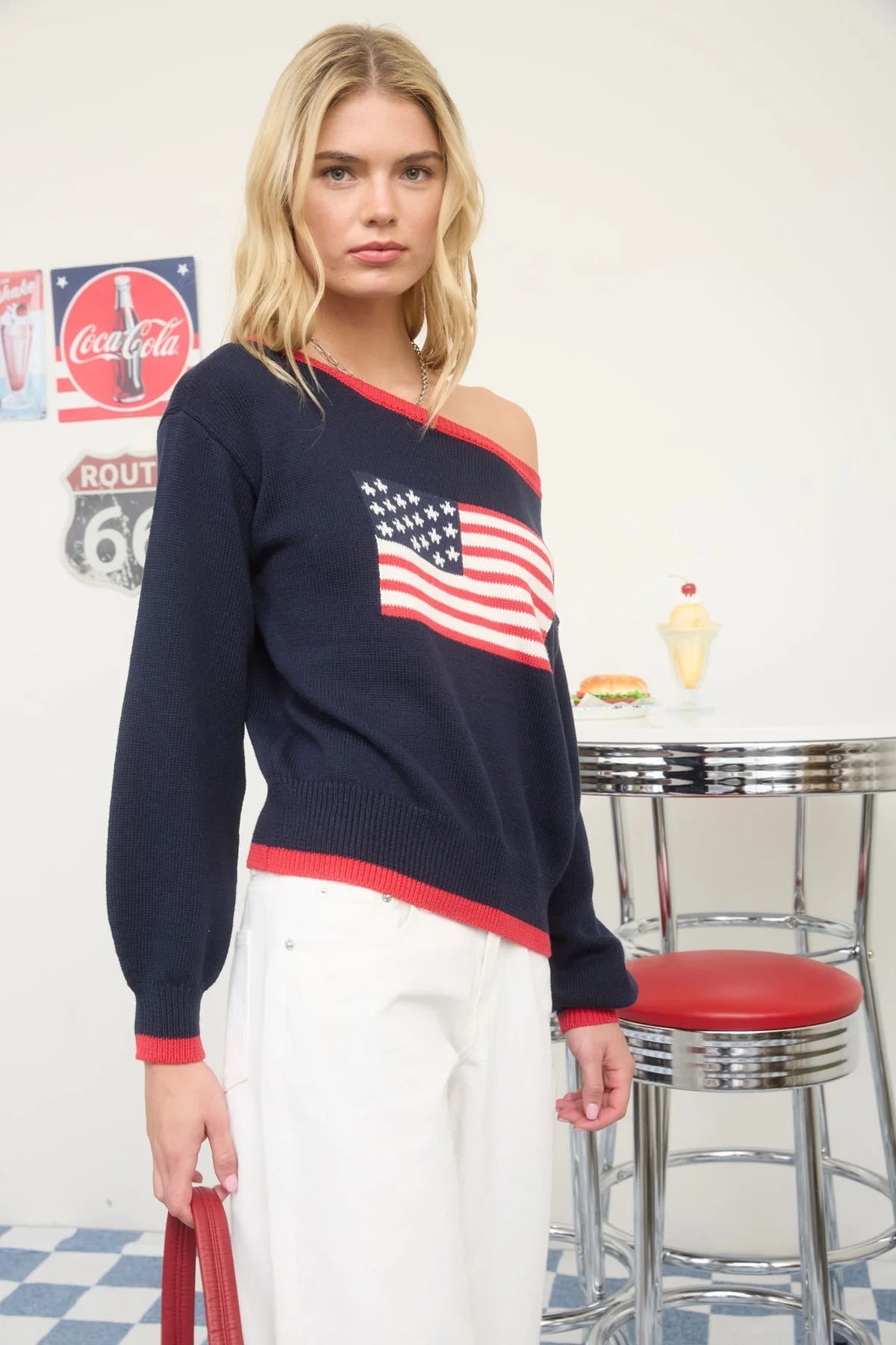 Contrast Trim American Flag Knit Pullover Sweater