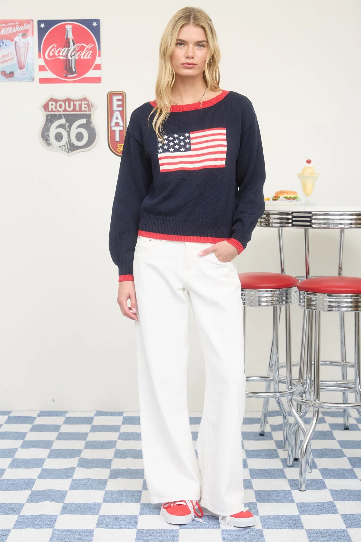 Contrast Trim American Flag Knit Pullover Sweater