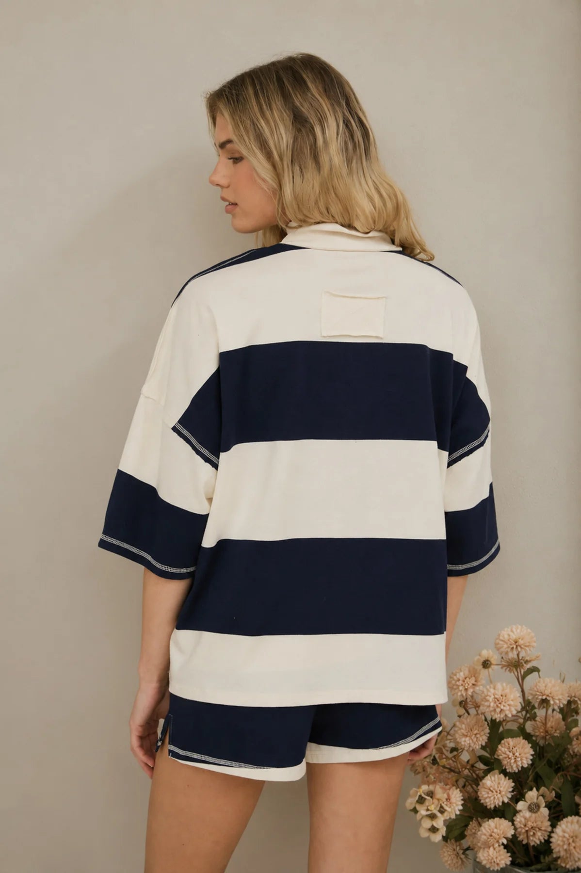 Wide Stripe Half Zip Short Sleeve Knit Top