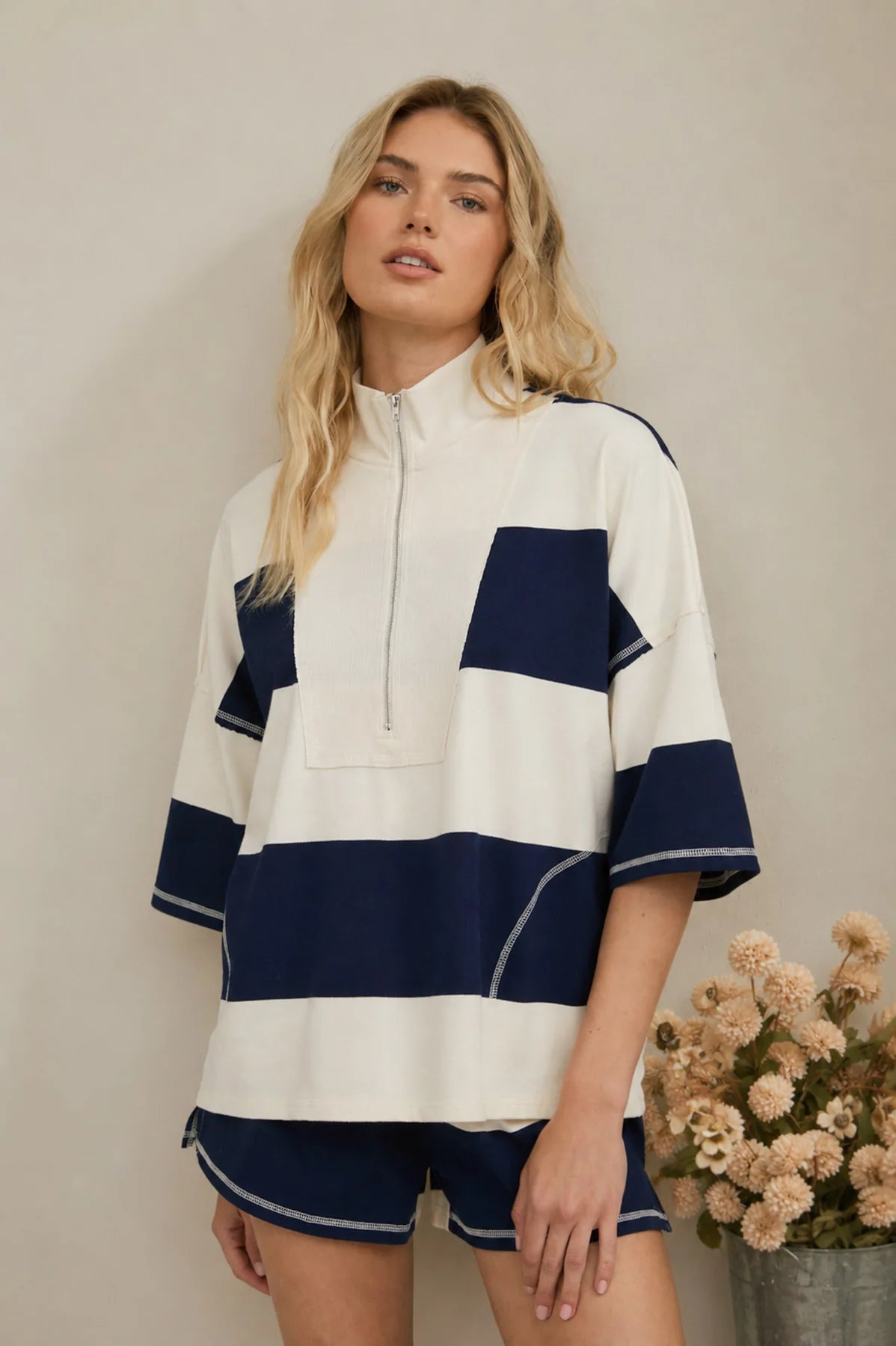Wide Stripe Half Zip Short Sleeve Knit Top