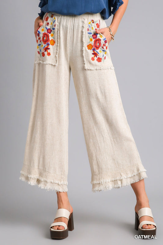 Embroidery Elastic Waistband Pants with Bottom Tiered Detail with Unfinished Frayed Hem