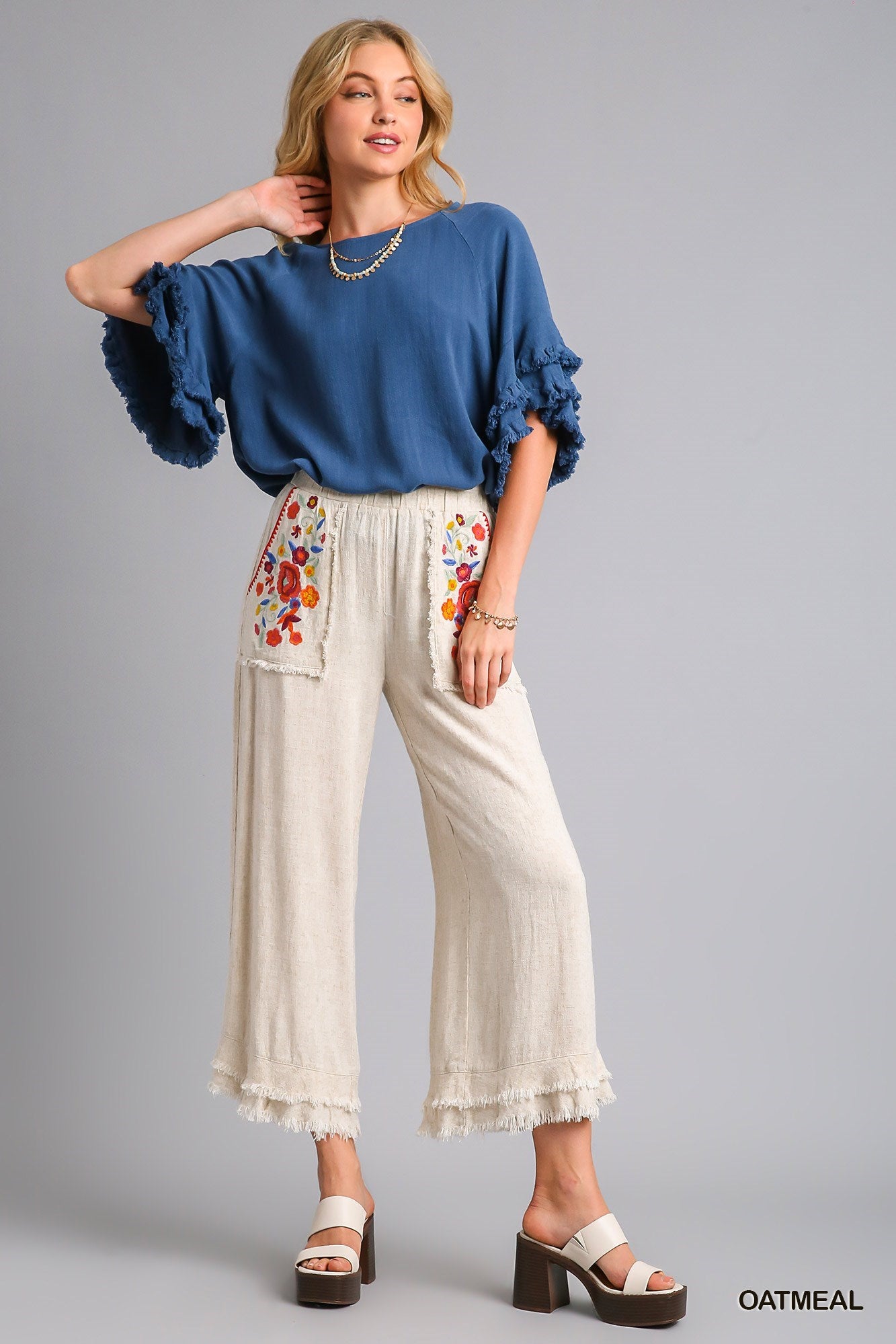 Embroidery Elastic Waistband Pants with Bottom Tiered Detail with Unfinished Frayed Hem