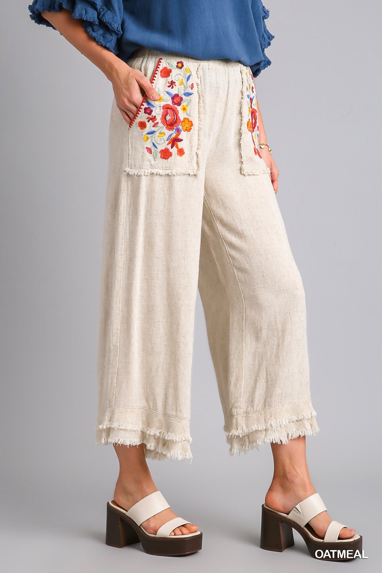 Embroidery Elastic Waistband Pants with Bottom Tiered Detail with Unfinished Frayed Hem