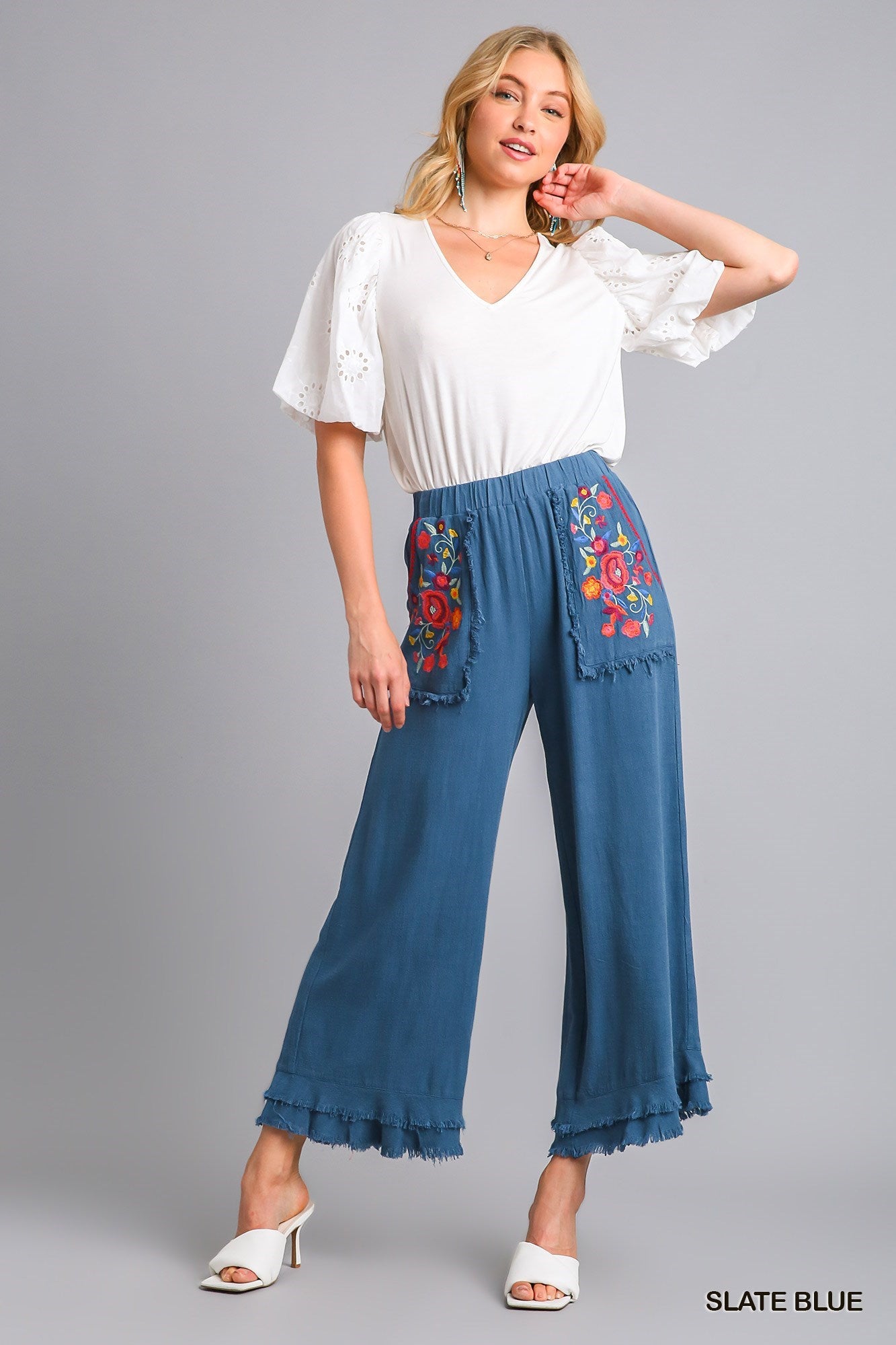 Embroidery Elastic Waistband Pants with Bottom Tiered Detail with Unfinished Frayed Hem