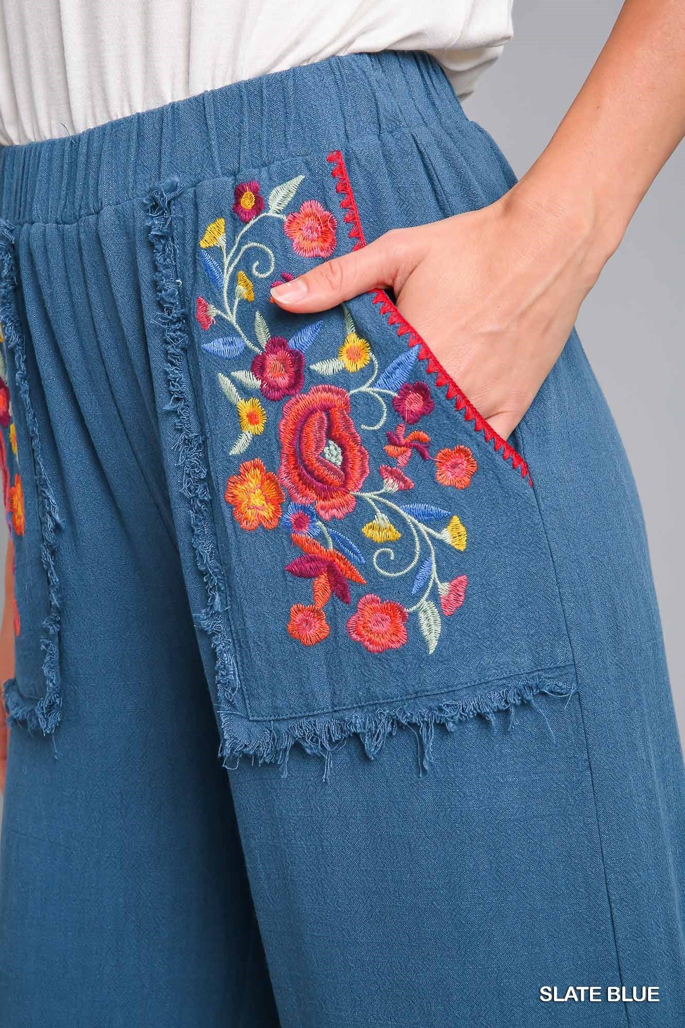 Embroidery Elastic Waistband Pants with Bottom Tiered Detail with Unfinished Frayed Hem