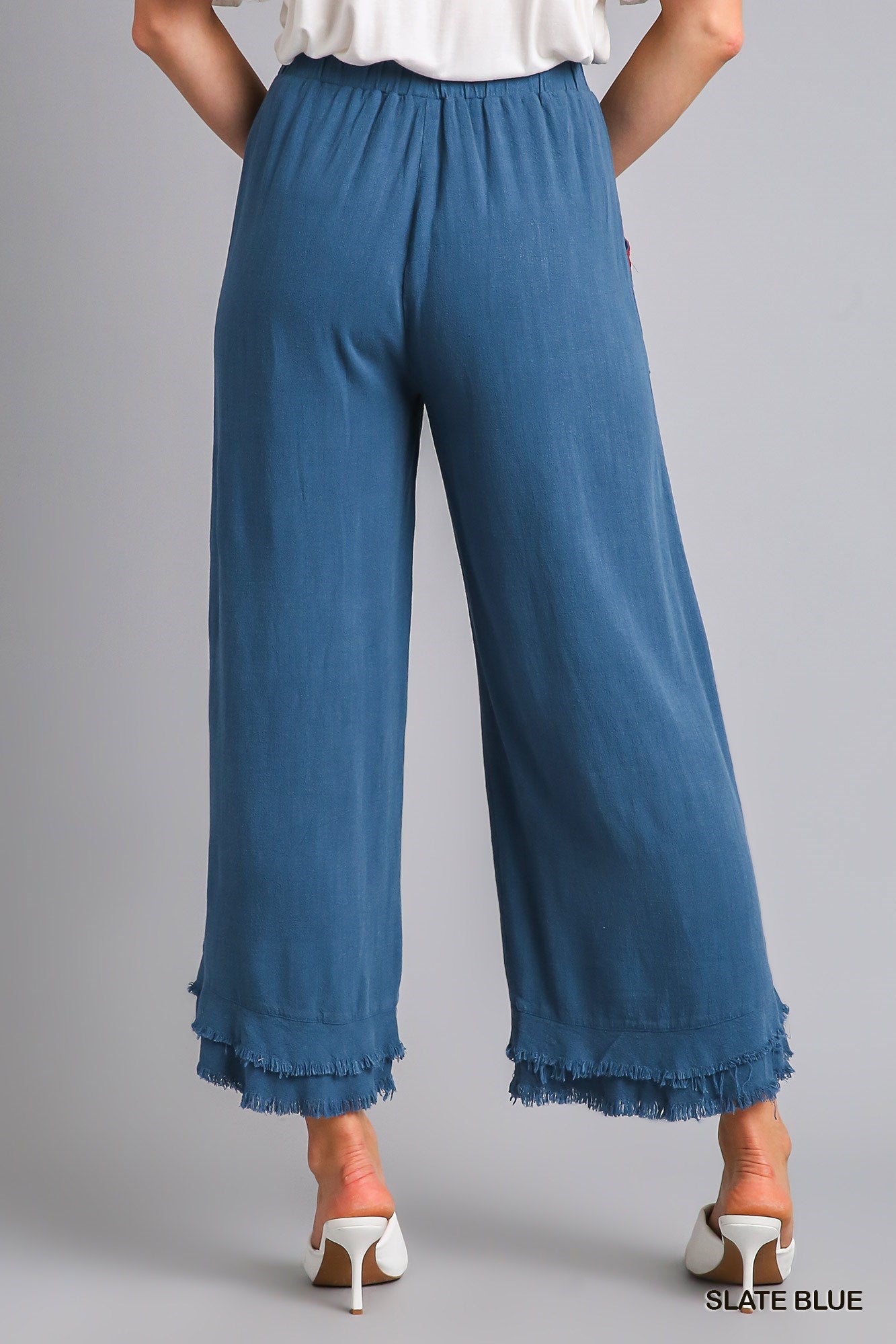 Embroidery Elastic Waistband Pants with Bottom Tiered Detail with Unfinished Frayed Hem