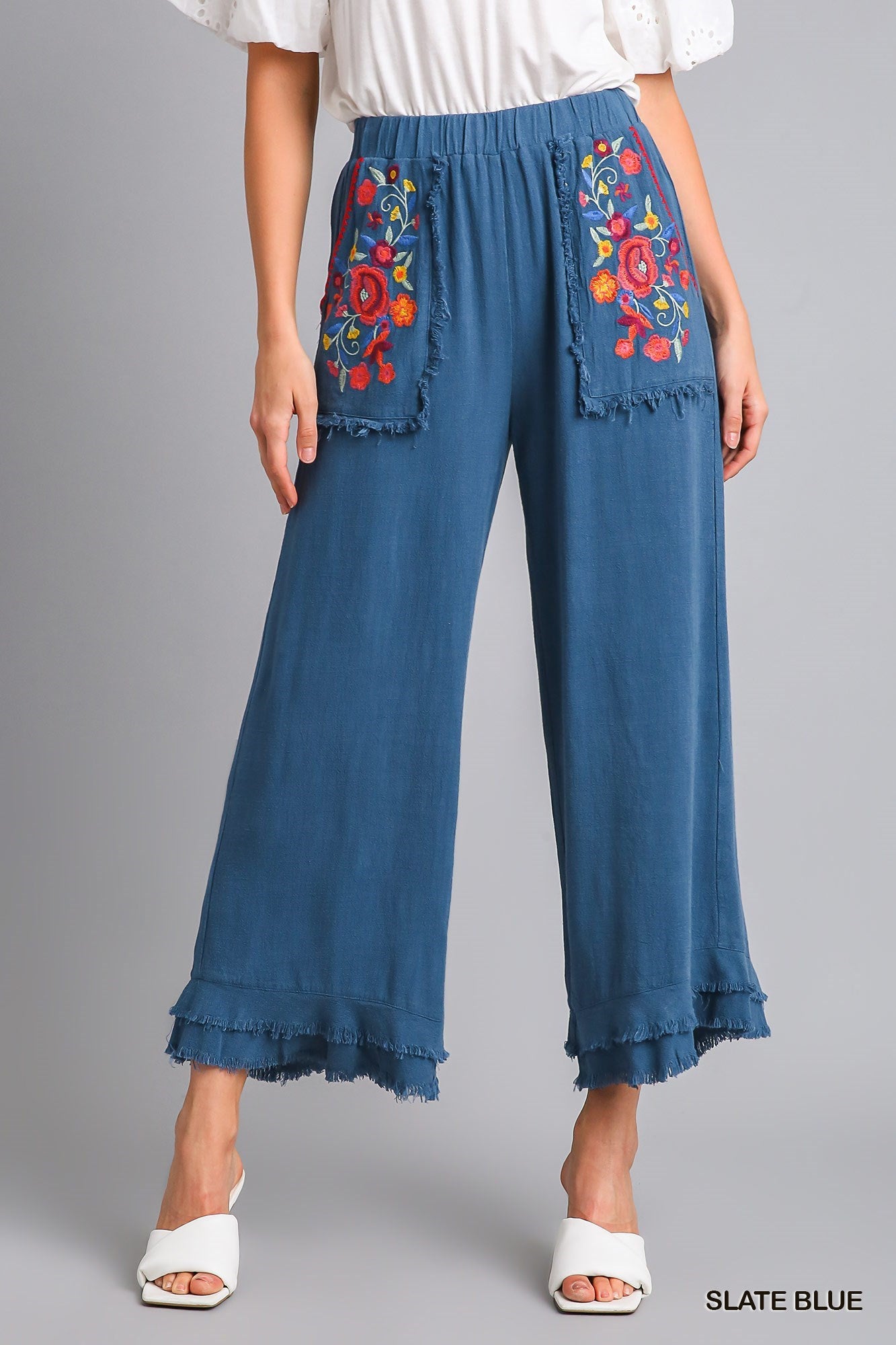 Embroidery Elastic Waistband Pants with Bottom Tiered Detail with Unfinished Frayed Hem