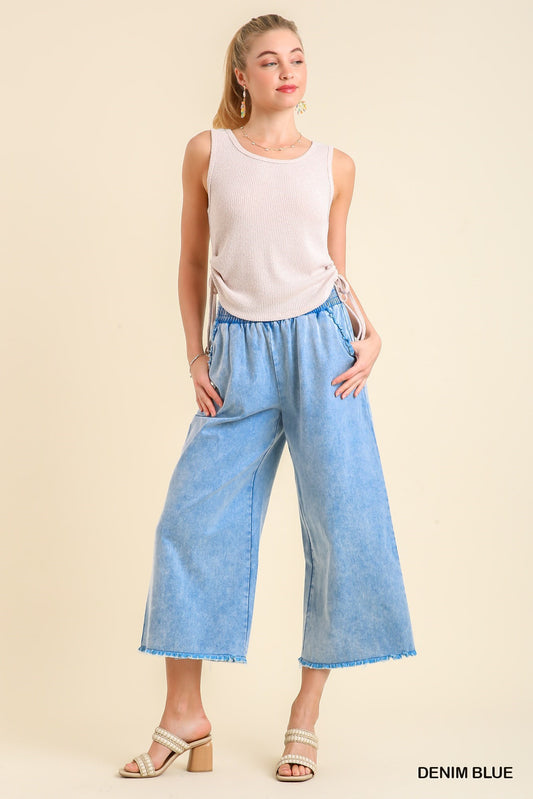 Denim Mineral Wash Non-Strecth Unfinished Frayed Hem Pants