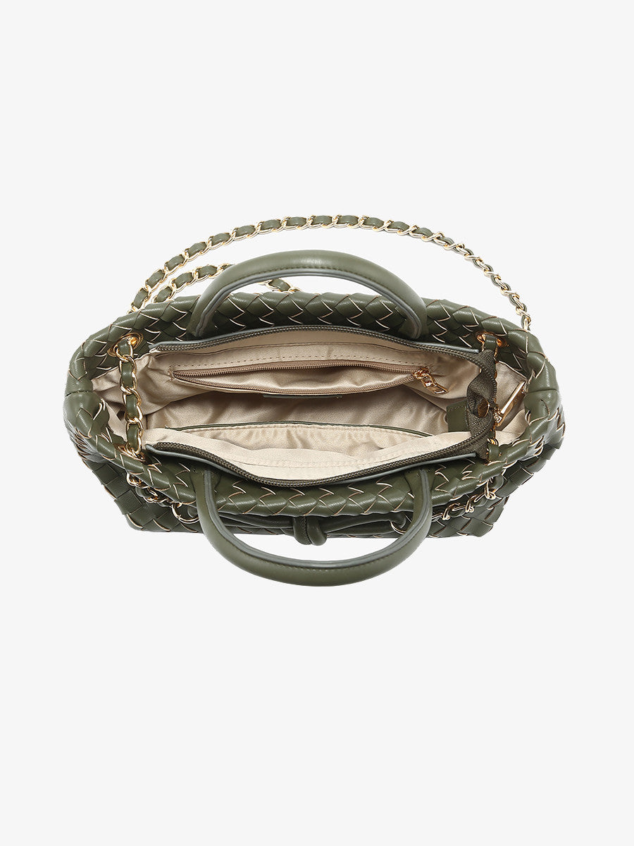 Fallon Woven Satchel Bag w/ Chain Dual Strap