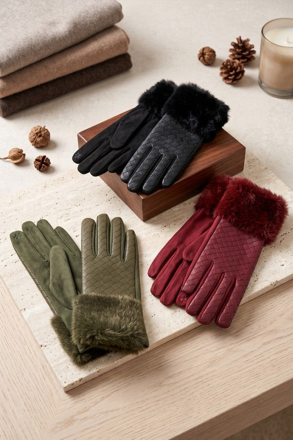 Quilted Faux Leather Touchscreen Fur Gloves