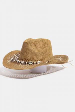 Puka Shell And Beads Strap Straw Western Cowboy Hat