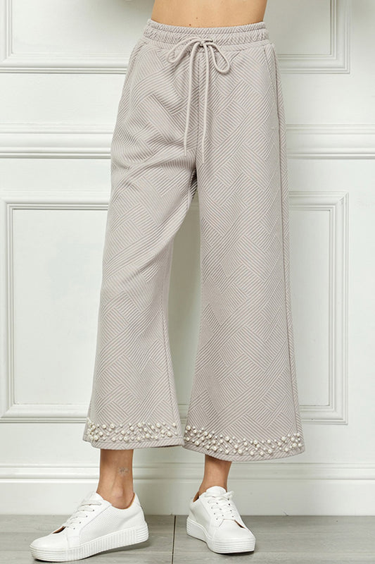 Pearl Detail Texture Cropped Pants