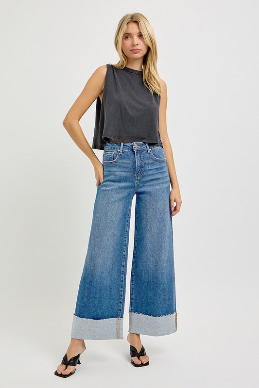 Tummy Control High Rise Crop Wide Cuffed Jeans