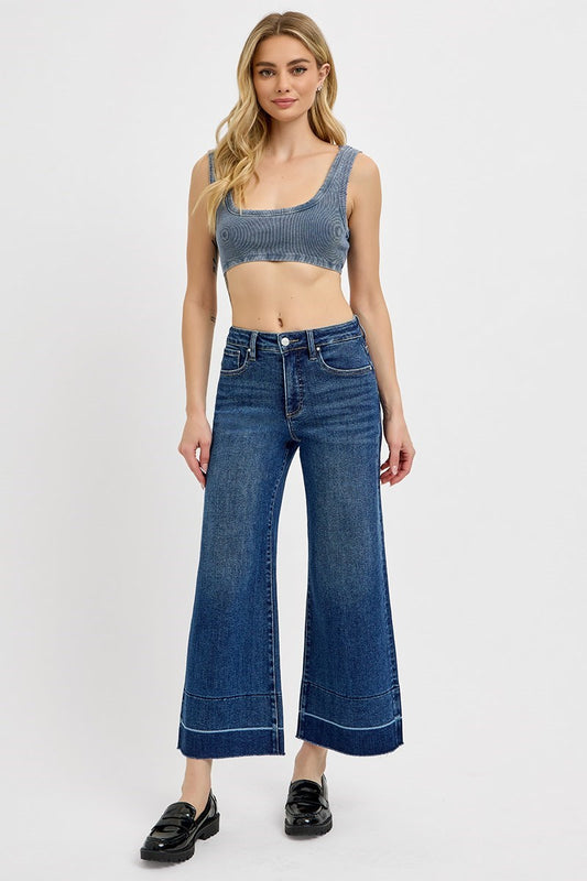Tummy Control High Rise Crop Wide Released Hem Jeans