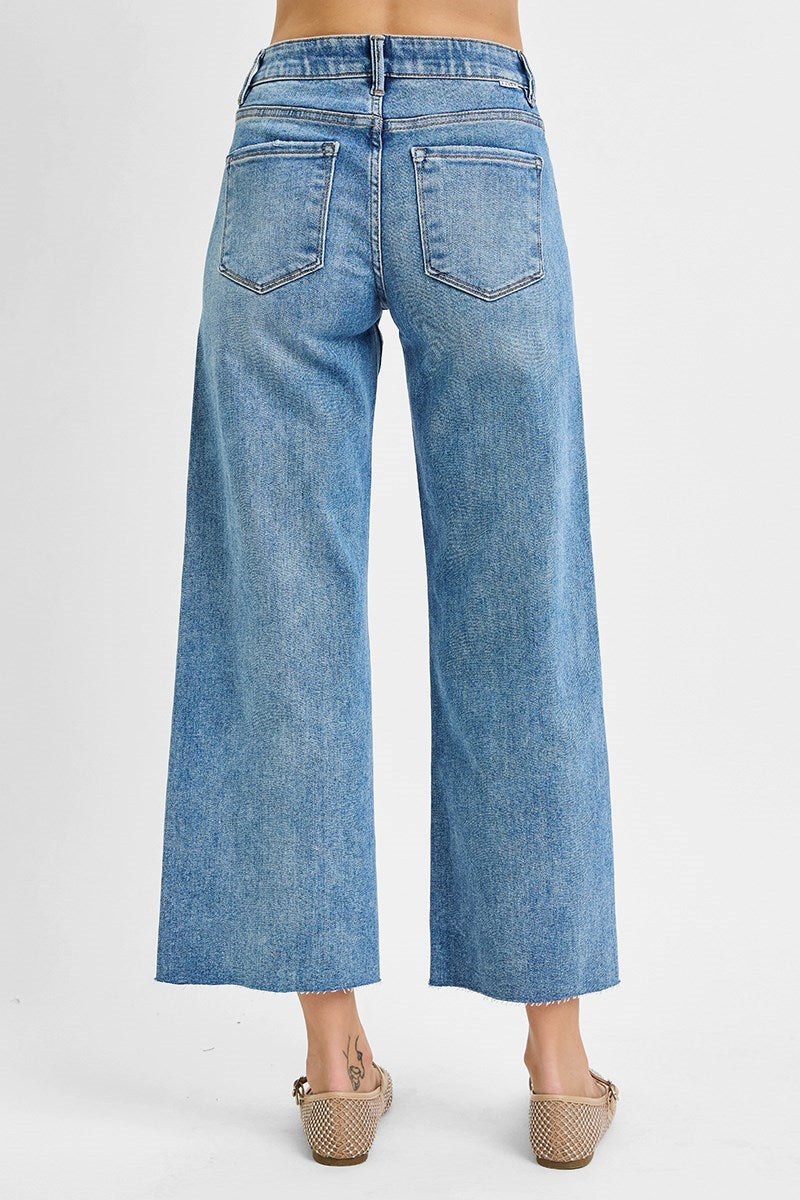 Tummy Control Elastic Band Mid Rise Crop Wide Jeans