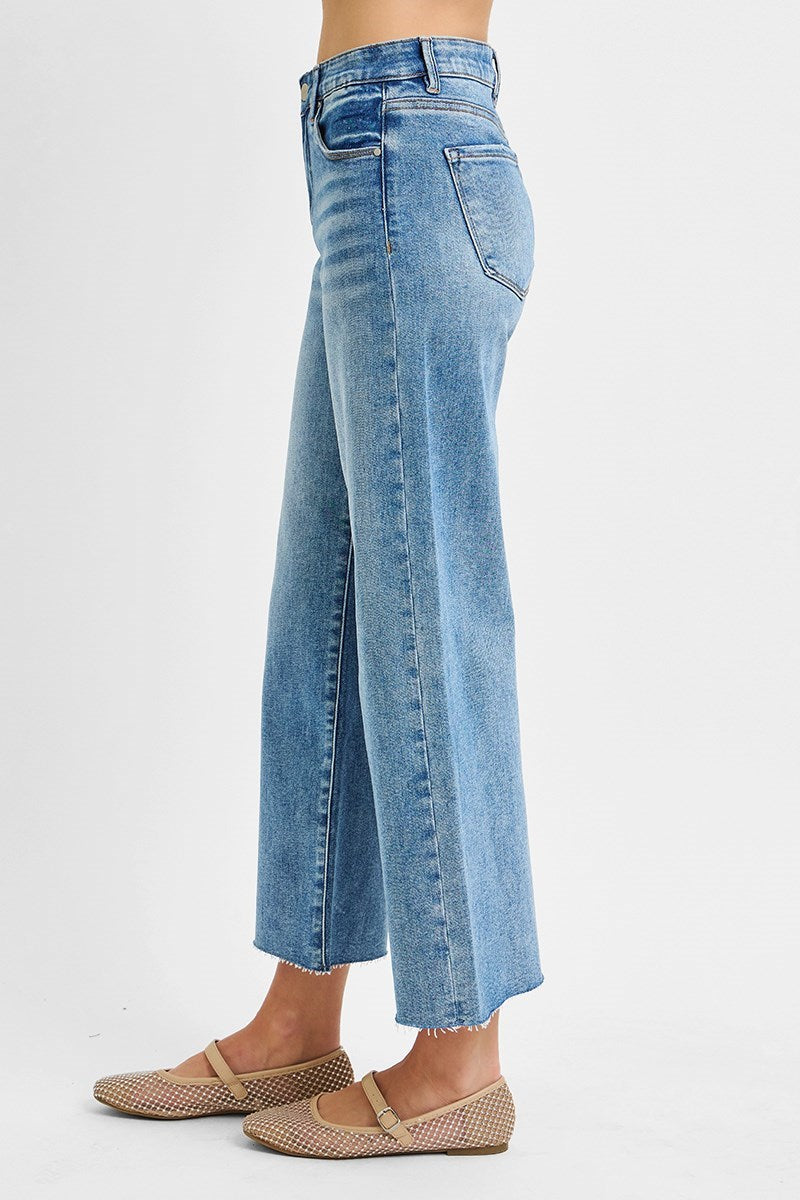 Tummy Control Elastic Band Mid Rise Crop Wide Jeans
