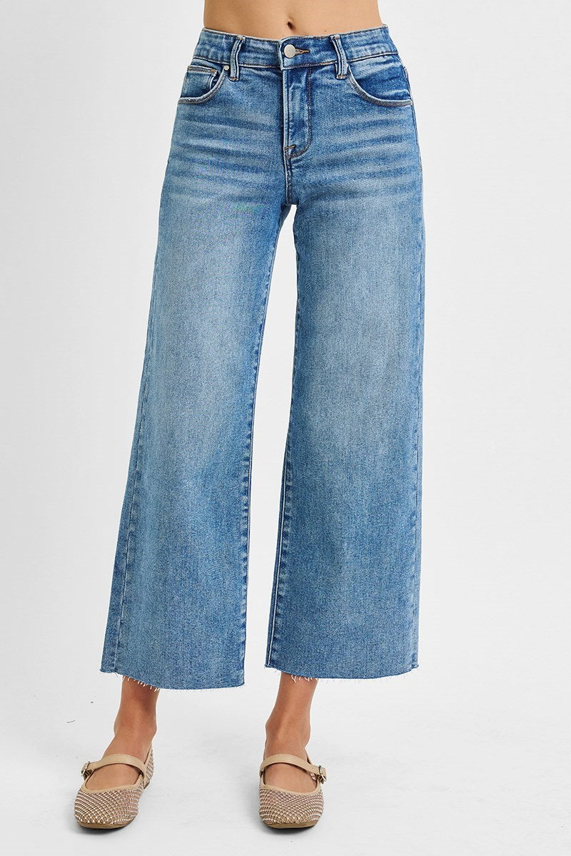Tummy Control Elastic Band Mid Rise Crop Wide Jeans