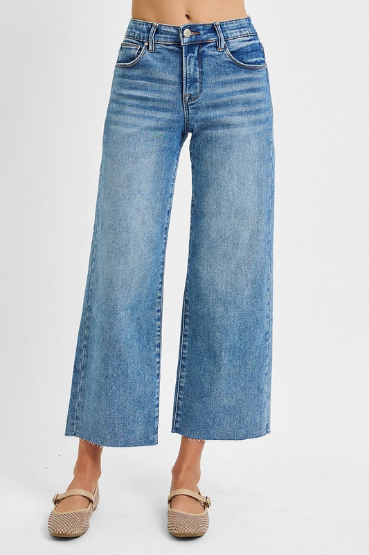 Tummy Control Elastic Band Mid Rise Crop Wide Jeans