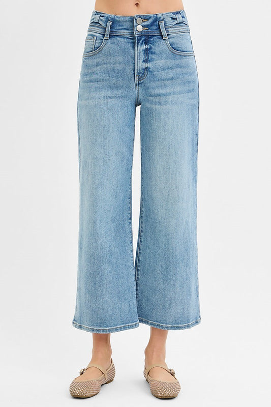 Tummy Control High Rise Crop Wide Bow Waistband Jeans