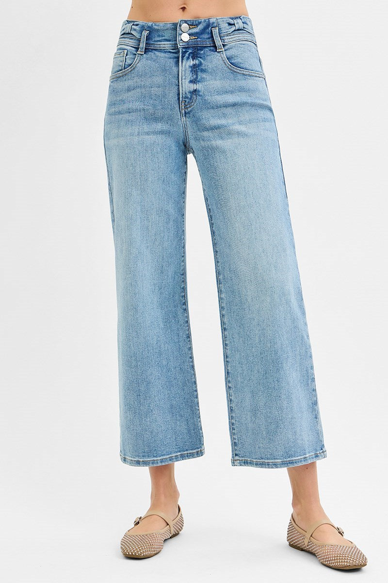 Tummy Control High Rise Crop Wide Bow Waistband Jeans