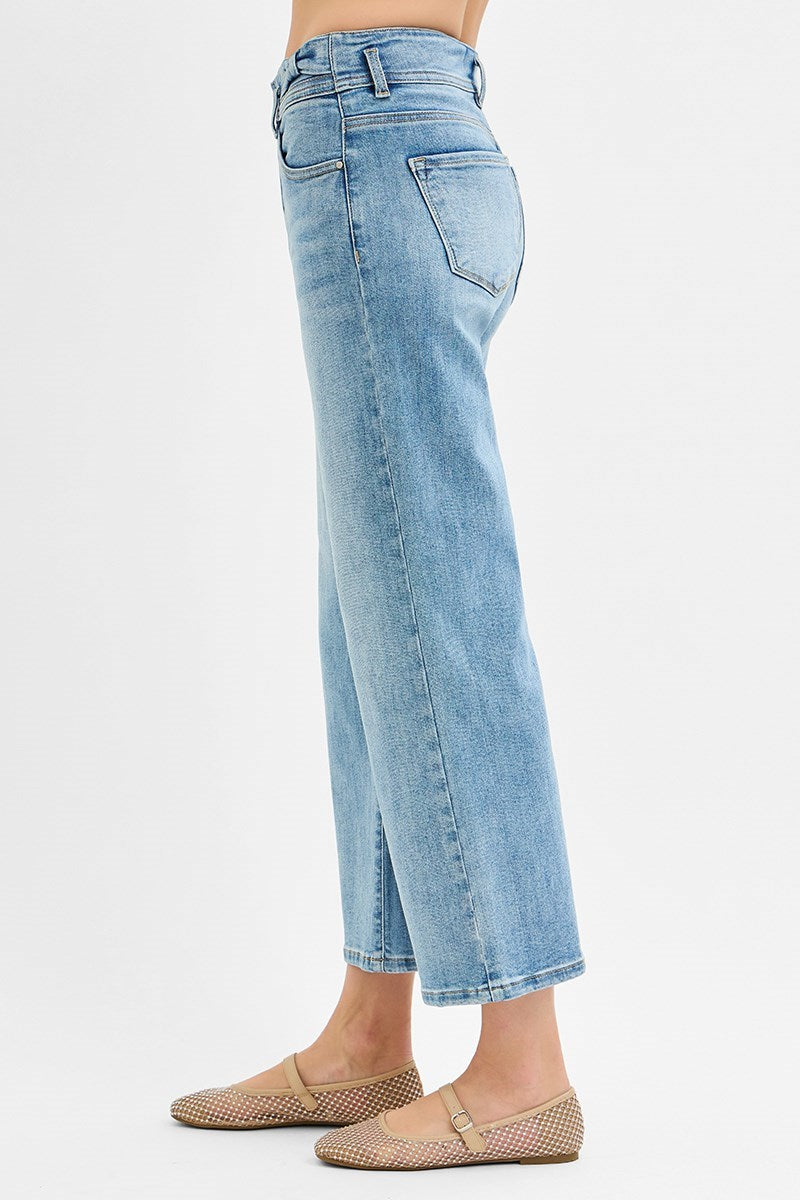 Tummy Control High Rise Crop Wide Bow Waistband Jeans