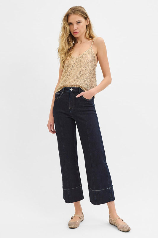 Tummy Control High Rise Crop Wide Seam Detailed Jeans