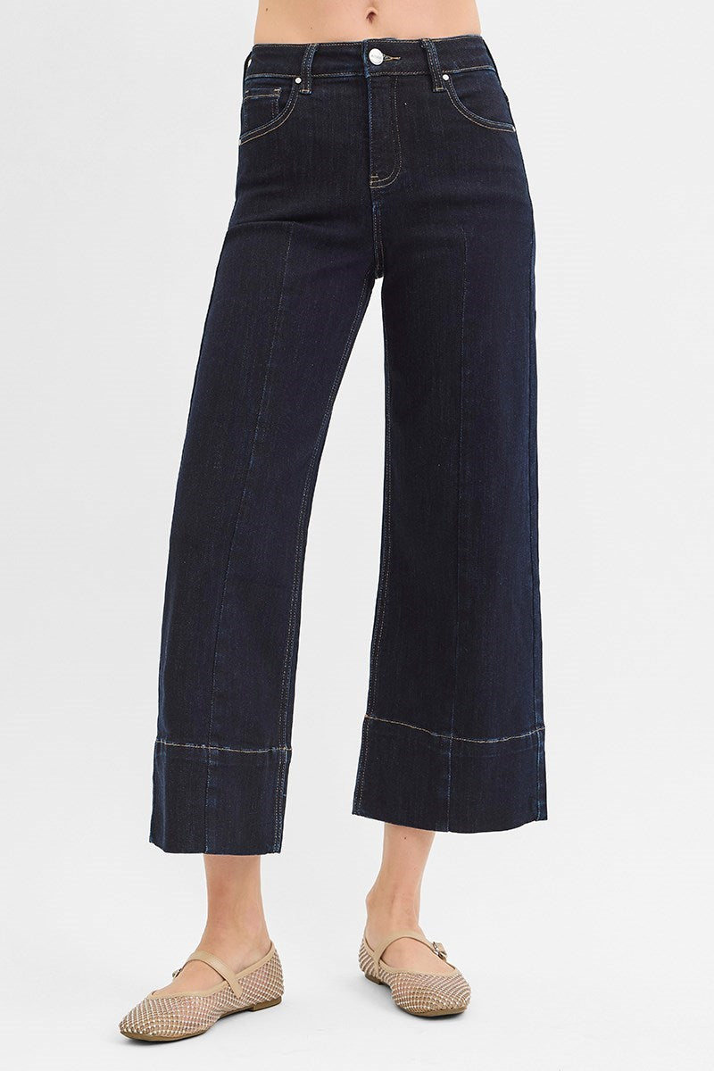 Tummy Control High Rise Crop Wide Seam Detailed Jeans