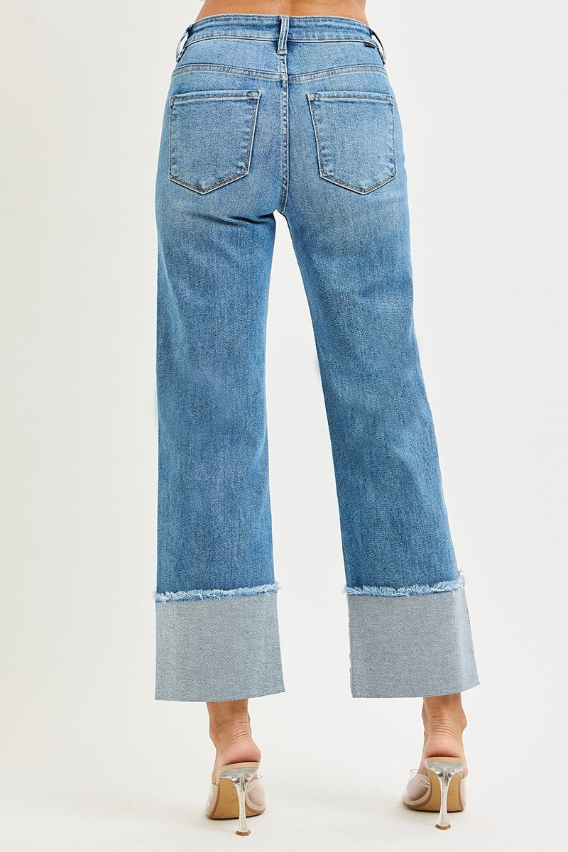 Mid Rise Crop Wide Cuffed Jeans