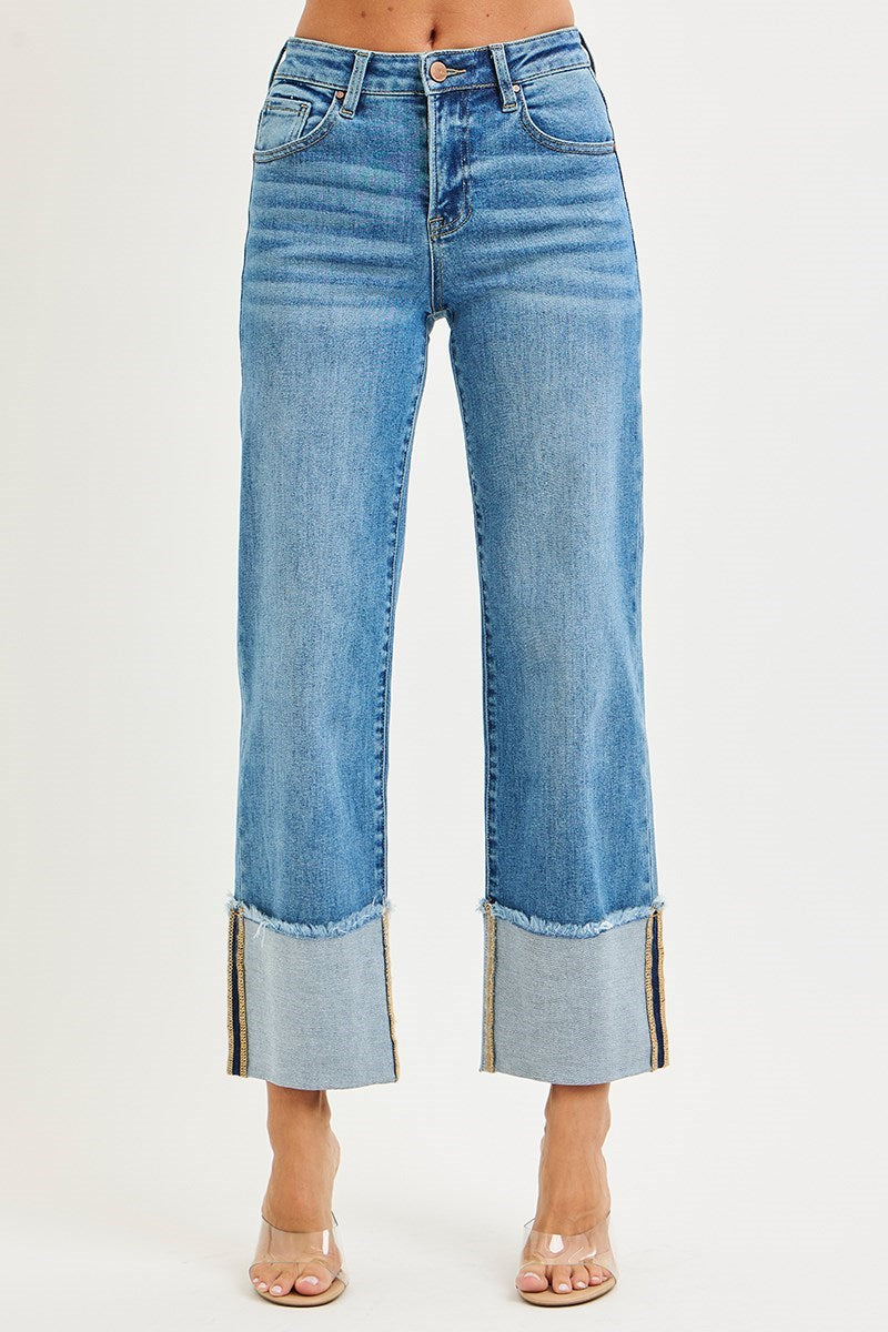 Mid Rise Crop Wide Cuffed Jeans