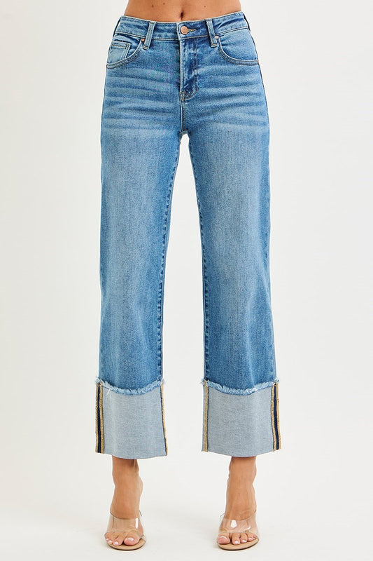Mid Rise Crop Wide Cuffed Jeans