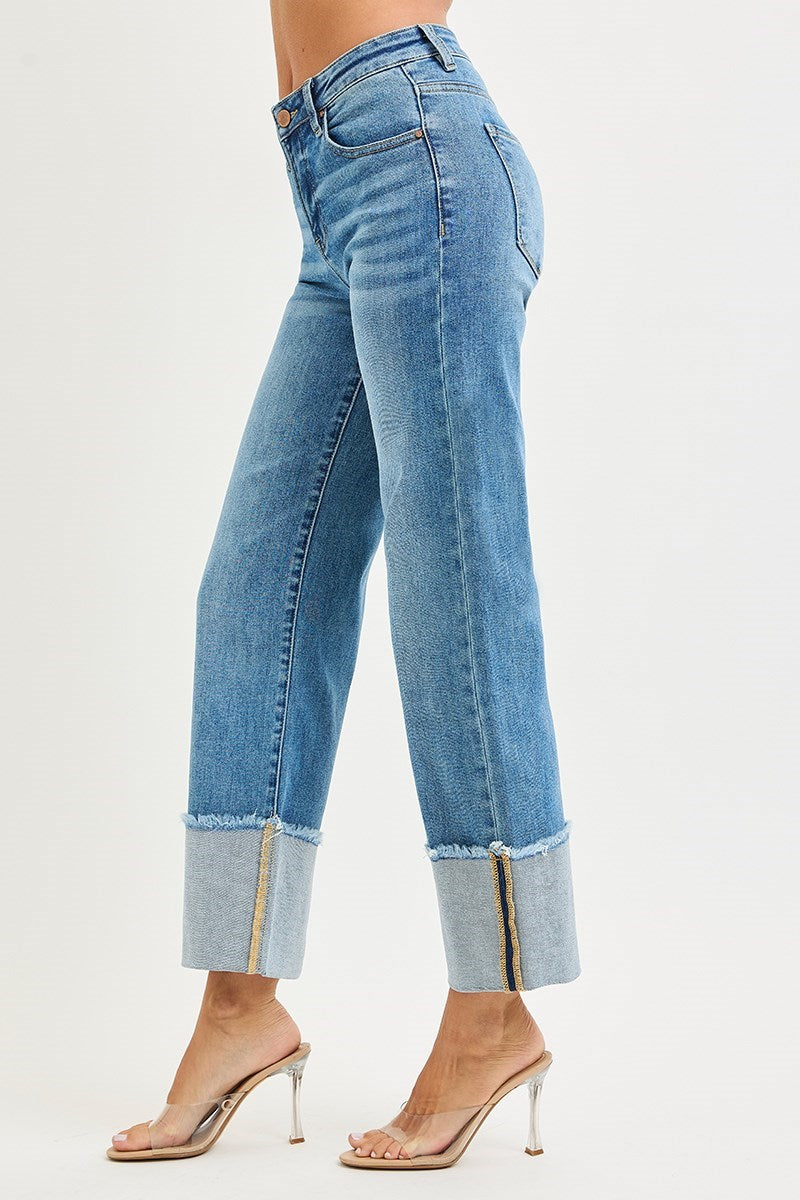 Mid Rise Crop Wide Cuffed Jeans