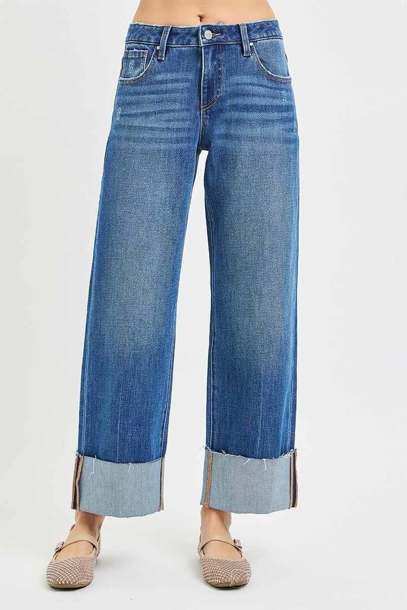 4 Way Stretchy Mid Rise Crop Straight Cuffed Hem Jeans