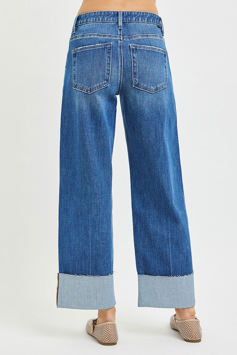 4 Way Stretchy Mid Rise Crop Straight Cuffed Hem Jeans