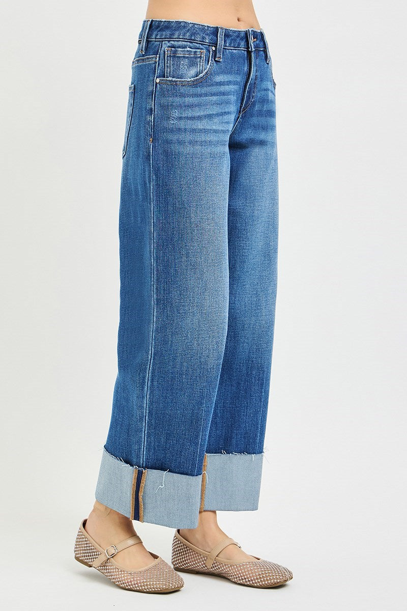 4 Way Stretchy Mid Rise Crop Straight Cuffed Hem Jeans