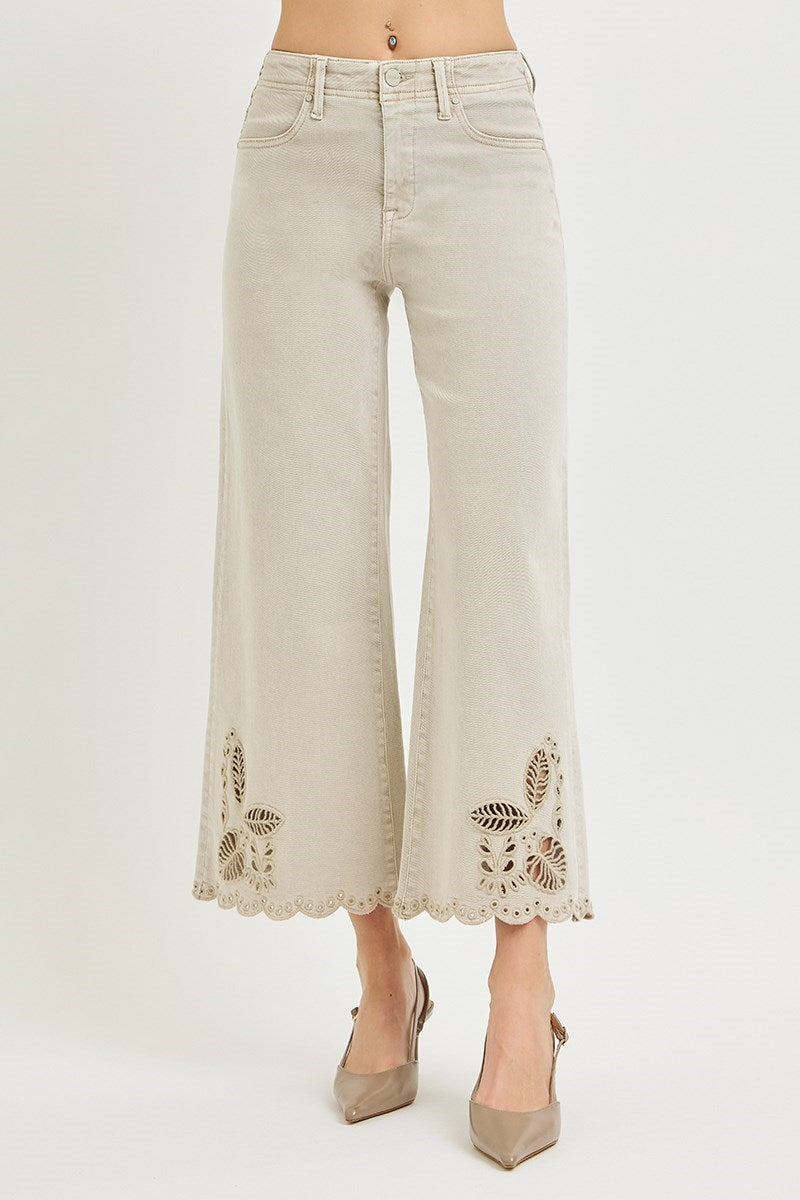 Tummy Control High Rise Crop Wide Eyelet-Embroidered Hem Pants Stretchy