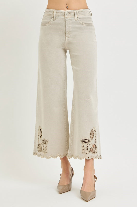 Tummy Control High Rise Crop Wide Eyelet-Embroidered Hem Pants Stretchy